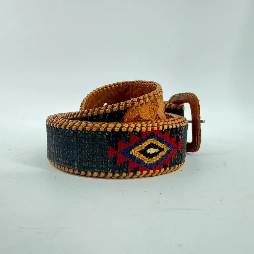 Vintage Southwestern‎ Woven Leather Belt Unisex SZ 40 Brown Black Geometric Boho
